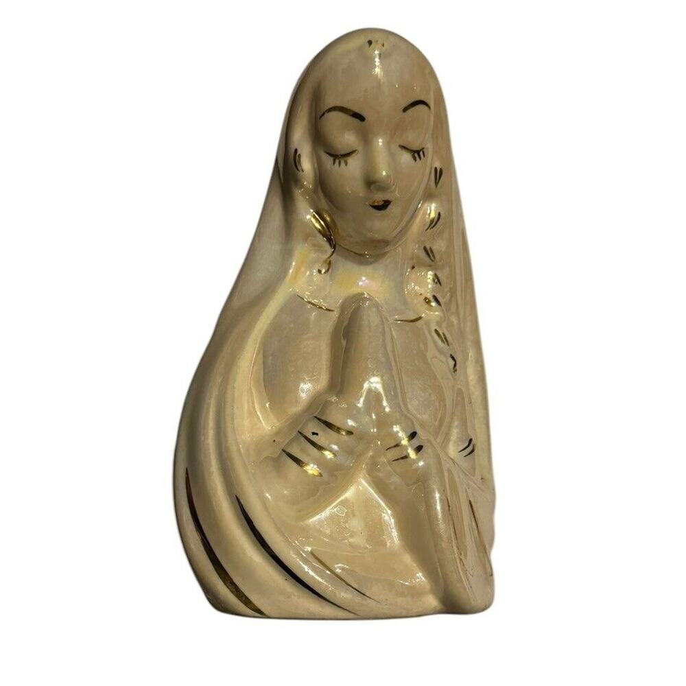 Ceramic Porcelain Madonna Mary VTG‎ Praying Planter Statue Gold Painted READ